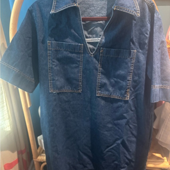 Blue Denim Short Sleeve Casual Tunic Dress - Picture 2 of 5